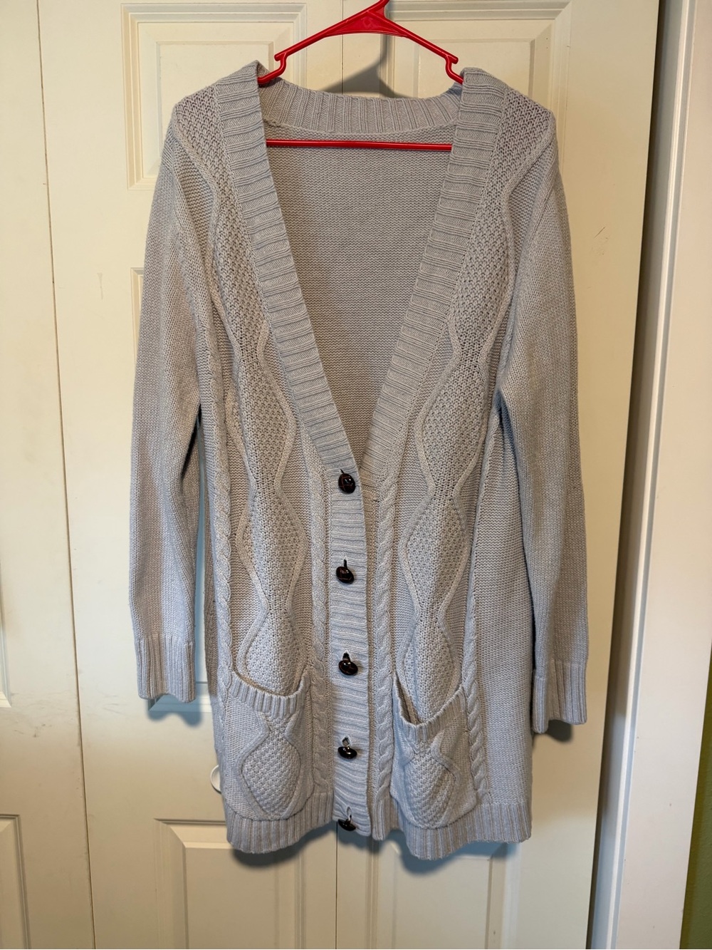 Light Gray Cable-Knit Button-Front Women's Cardigan Sweater